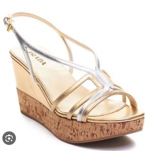 VINTAGE PRADA Slingback Open-Toe Silver and Gold Platform Wedges